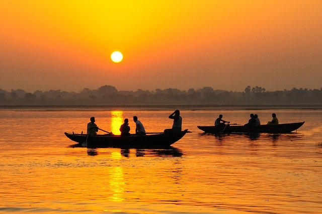 The Ganga river with setting Sun in the Background