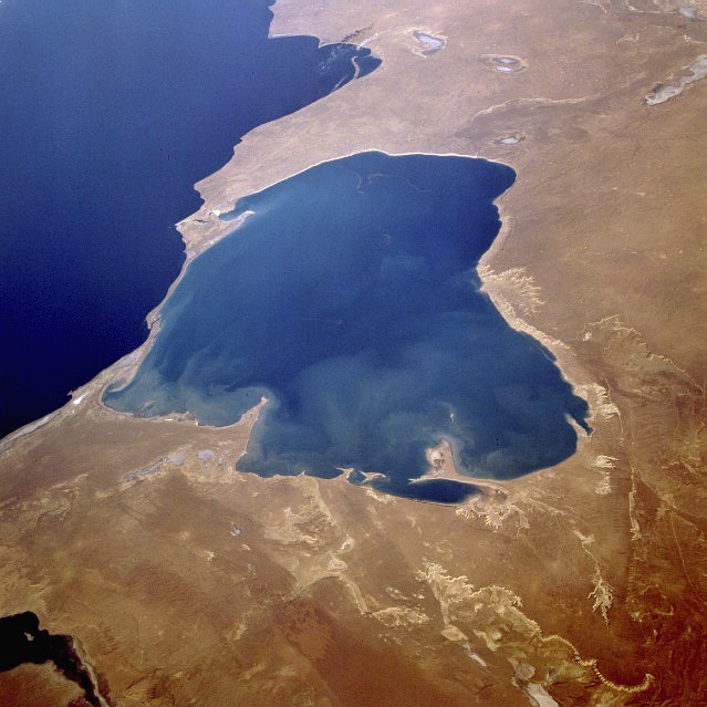 Aerial view of a coastal lagoon, a lake formed by deposition