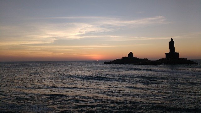 Vivekananda Rock Memorial and Thiruvalluvar statue in Kanyakumari district of Tamil Nadu.