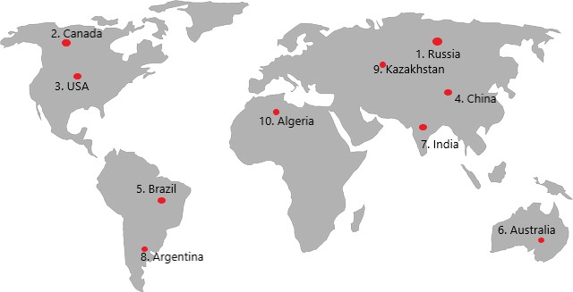 Map marking the top 10 biggest countries in the world