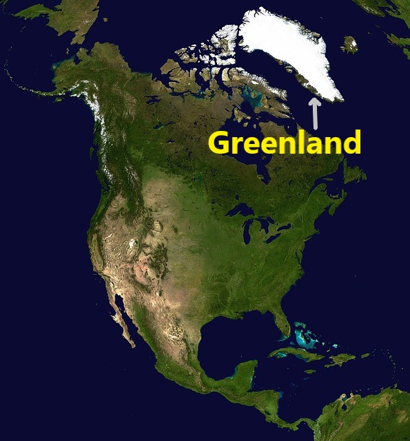 A map of North America showing the Greenland island, the largest island in the world.