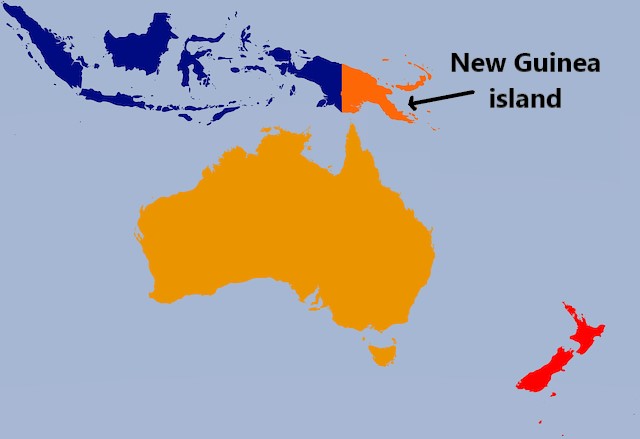 A map of Southeast Asia and Australia showing the New Guinea island, the second largest island in the world.