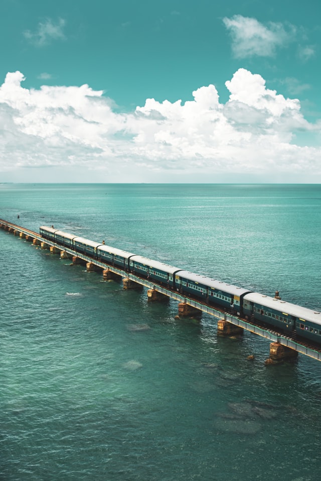 A picture of the Pamban bridge with the train passing