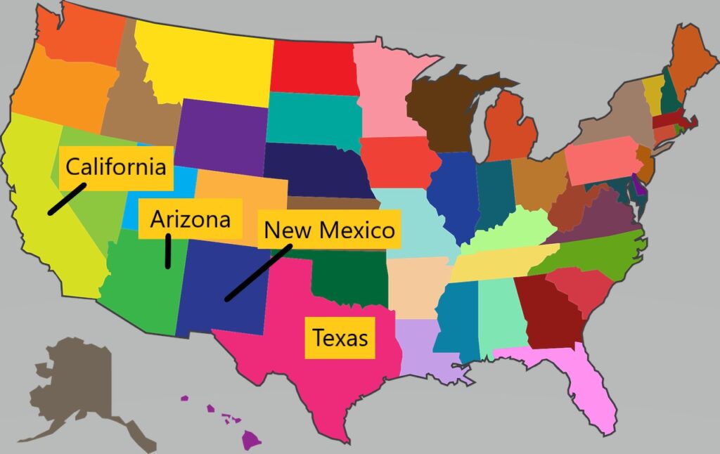 Texas vs California vs New Mexico vs Arizona on the US map