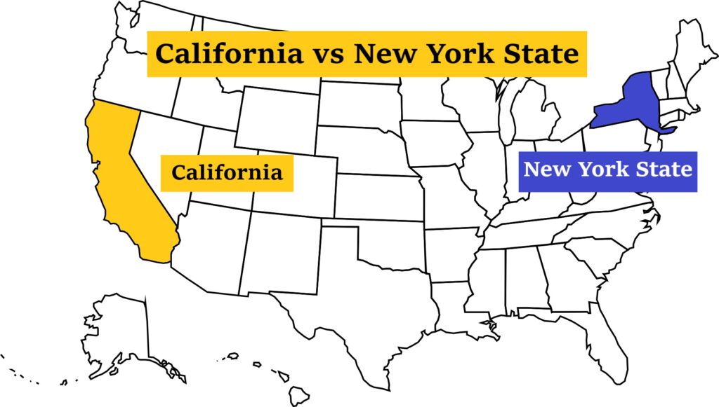 California and New York State on the US map