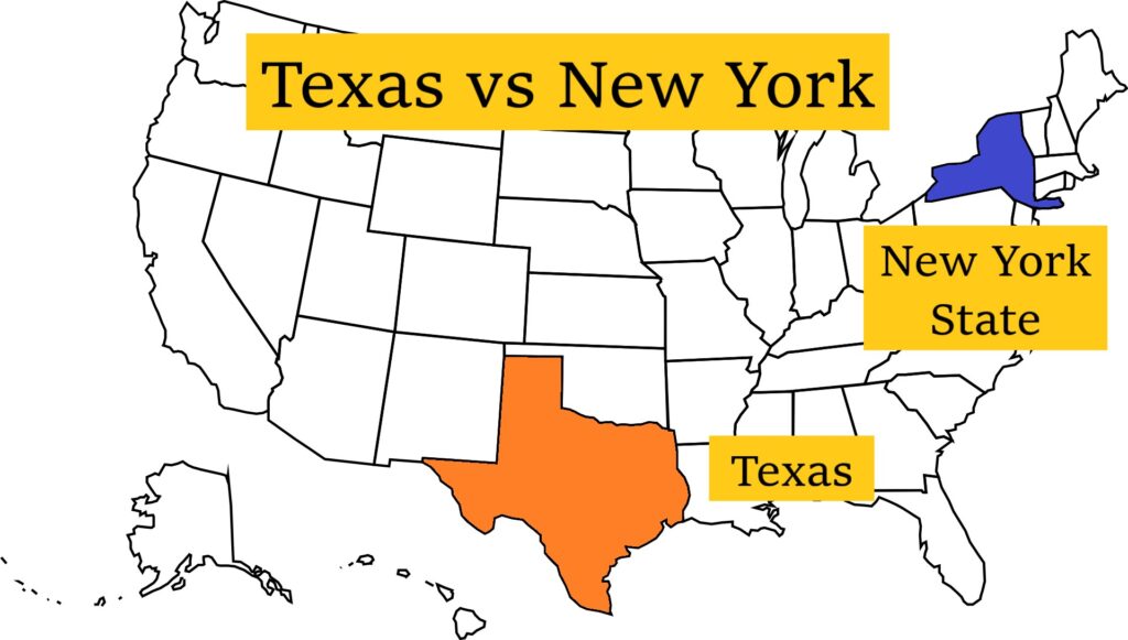 Texas and New York on the US map
