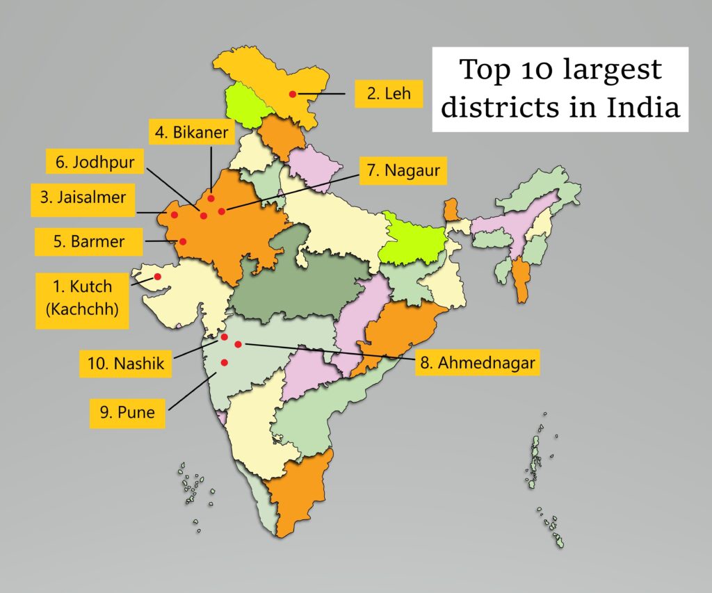 Top 10 largest districts in India on the map