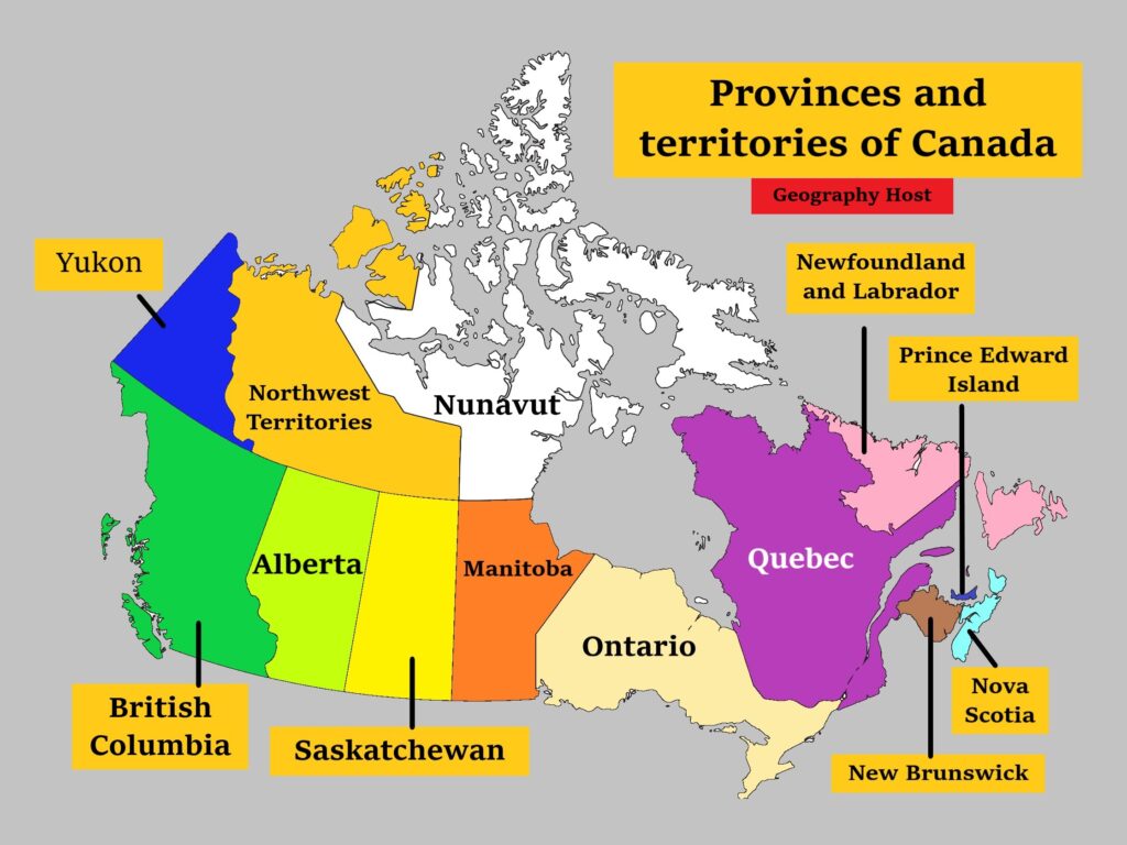 Provinces and territories of Canada on the map
