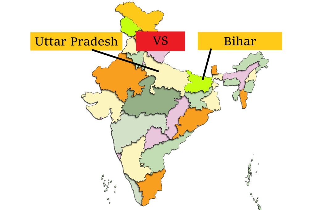 Uttar Pradesh and Bihar on the map of India