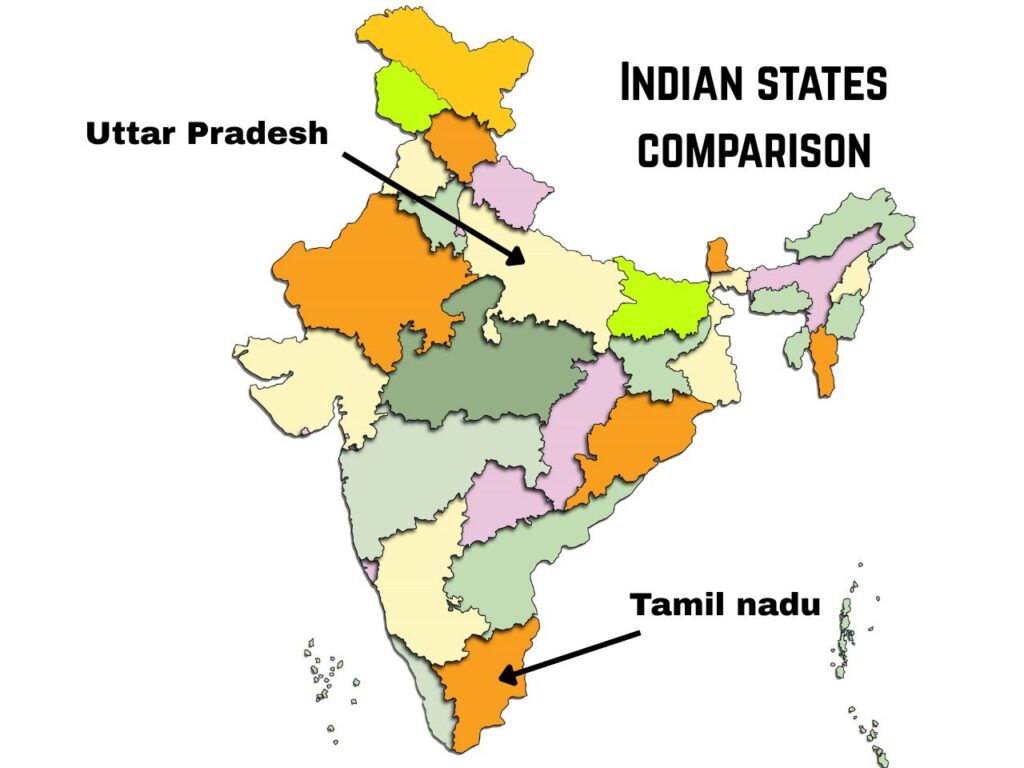 Tamil Nadu and Uttar Pradesh on the map of India