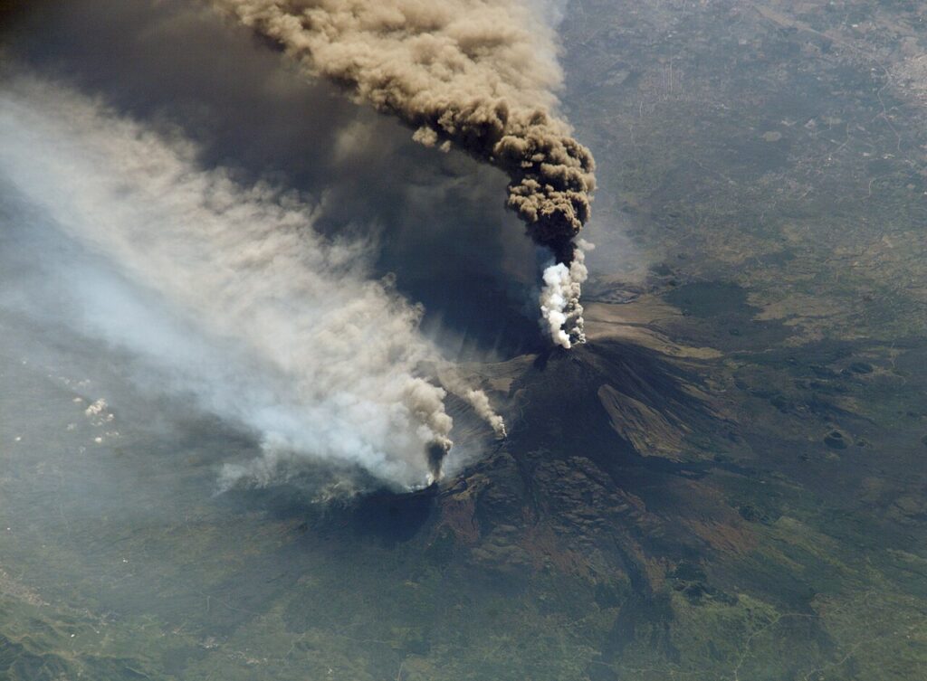 Mount Etna during an eruption, seen from the International Space Station