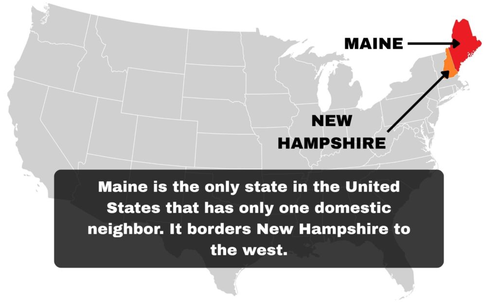 Maine is the only state in the United States that has only one domestic neighbor. It borders New Hampshire to the west.