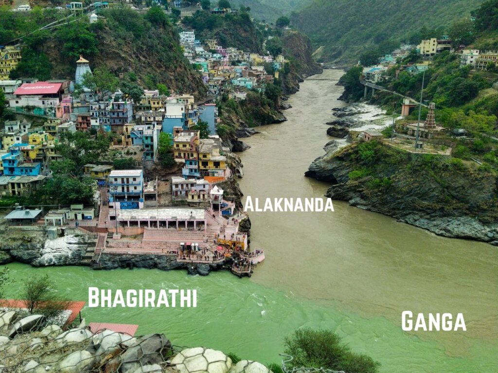 Confluence of Alaknanda and Bhagirathi at Devprayag to form Ganga
